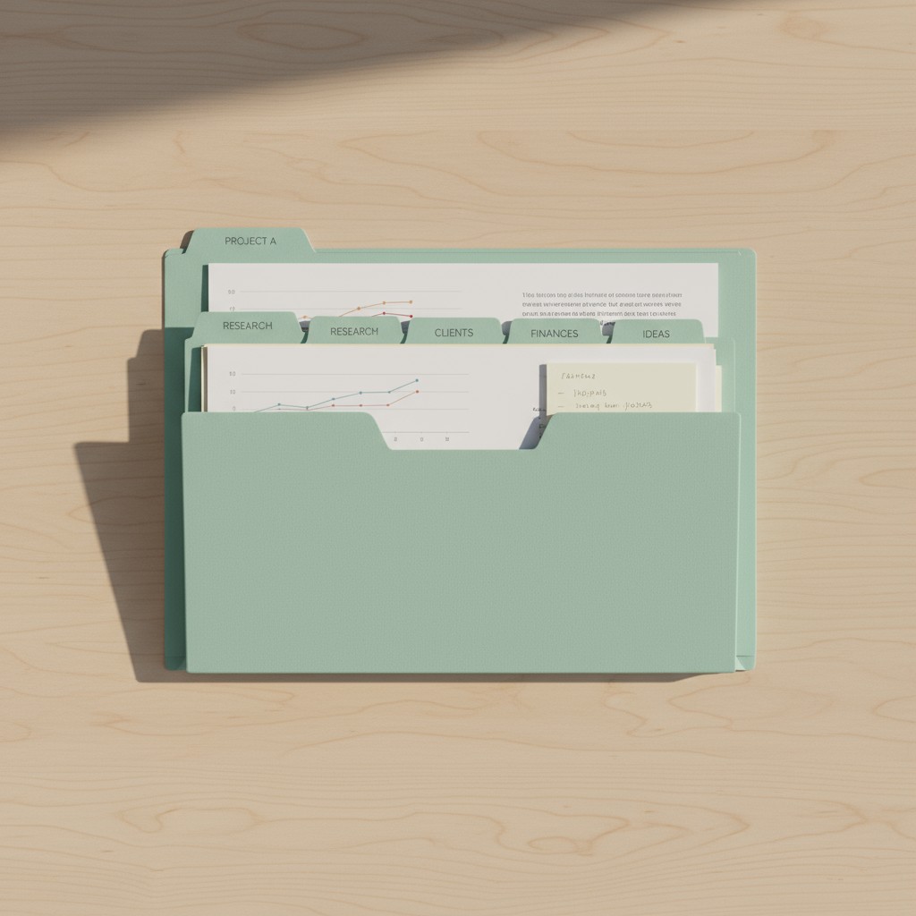 The image depicts an open mint-green, three-ring binder, featuring a tabbed folder in the center called "Project A" and fo...