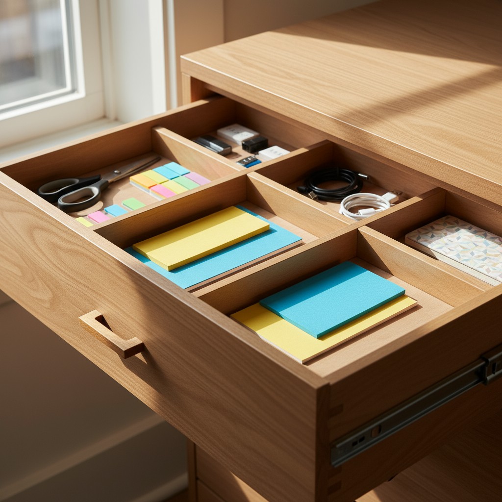 The desk drawer is made out of a medium-colored, finished wood. It is pulled out halfway and open and contains various sof...