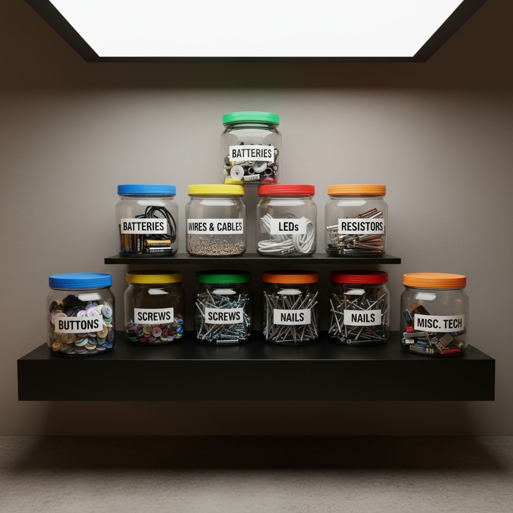 A collection of various electronic and hardware parts stored in jars.