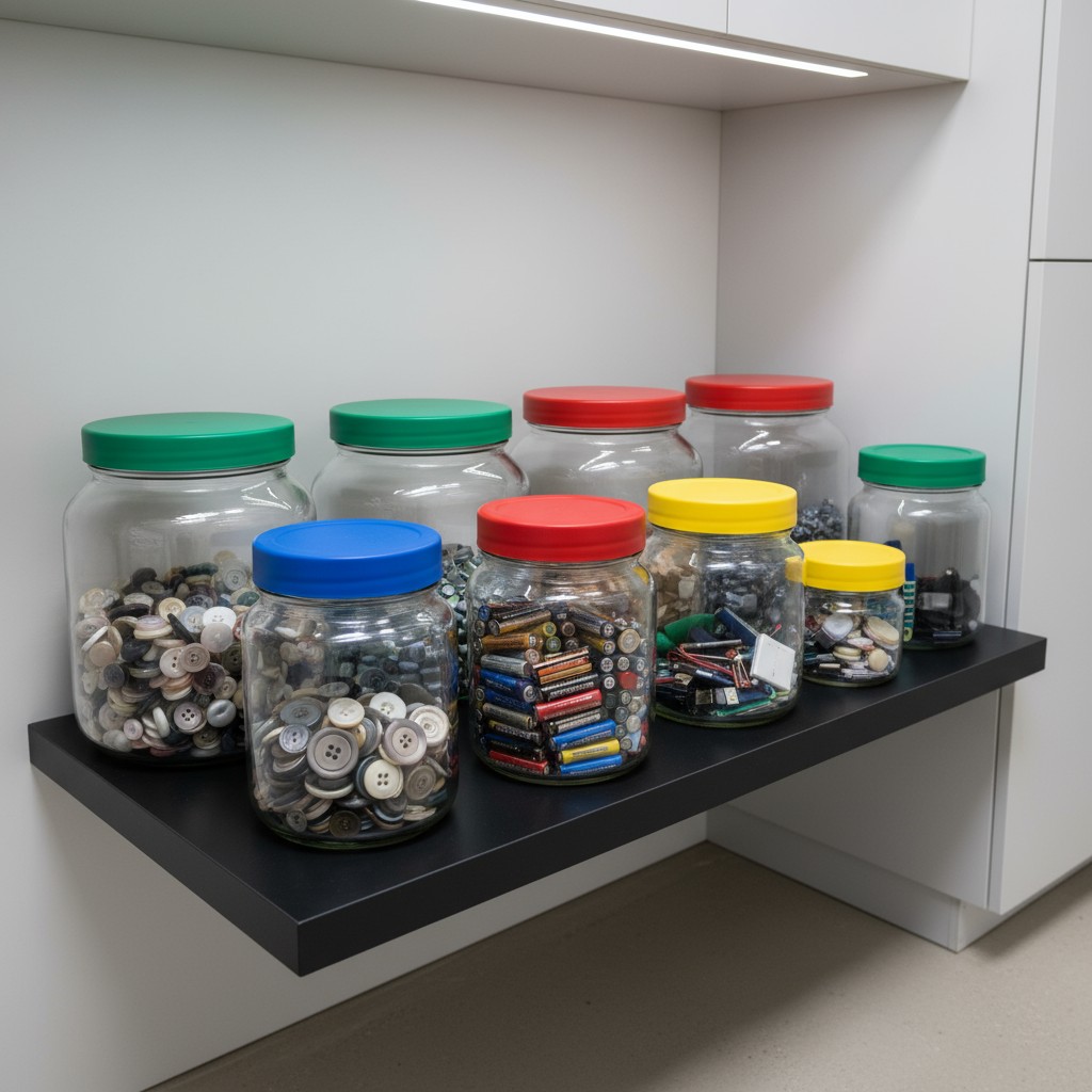 The image depicts a shelf in a white room, fitted with a black slat and containing an assortment of items stored in jars w...