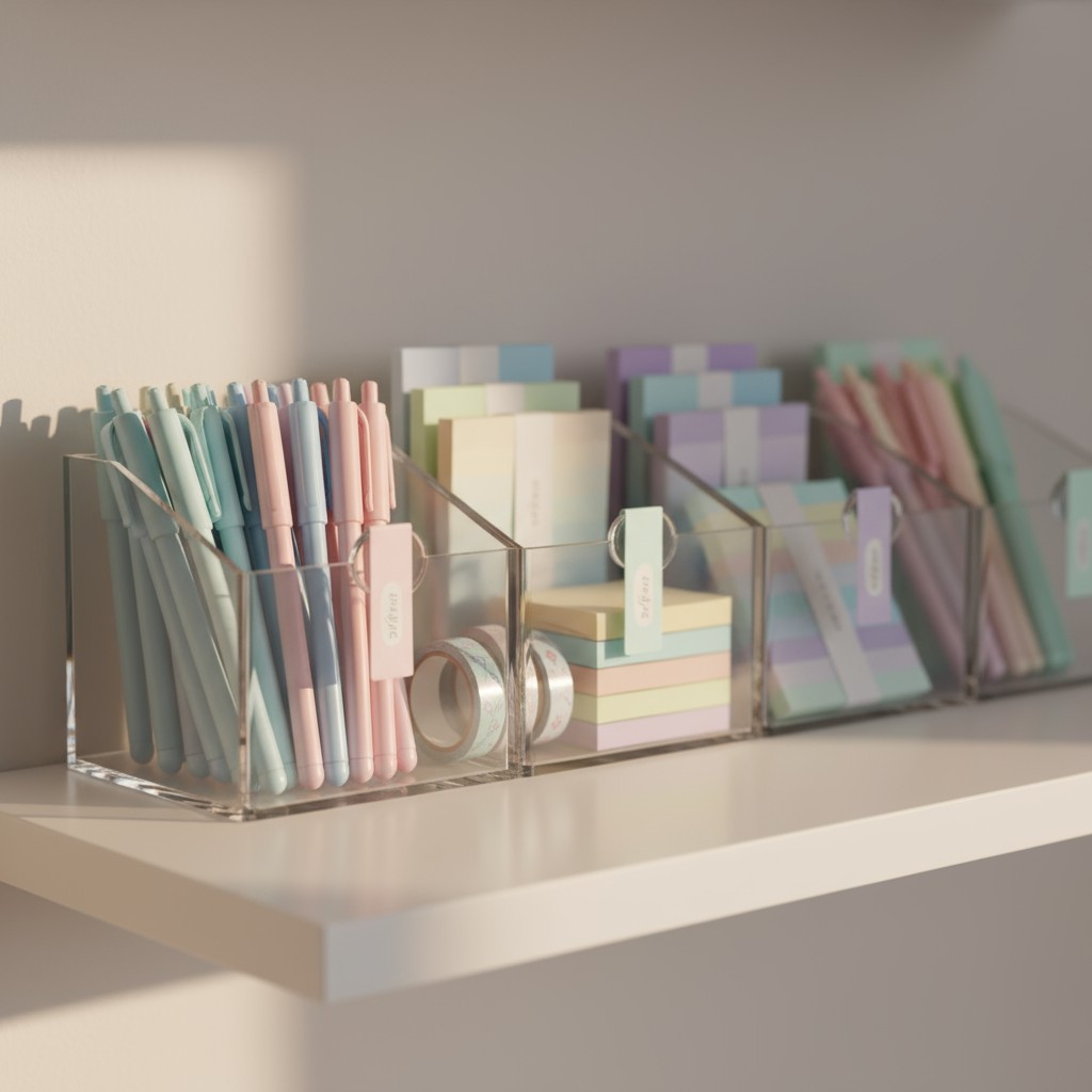 A collection of pastel-colored pens and sticky notes arranged in clear organizer boxes on a shelf.