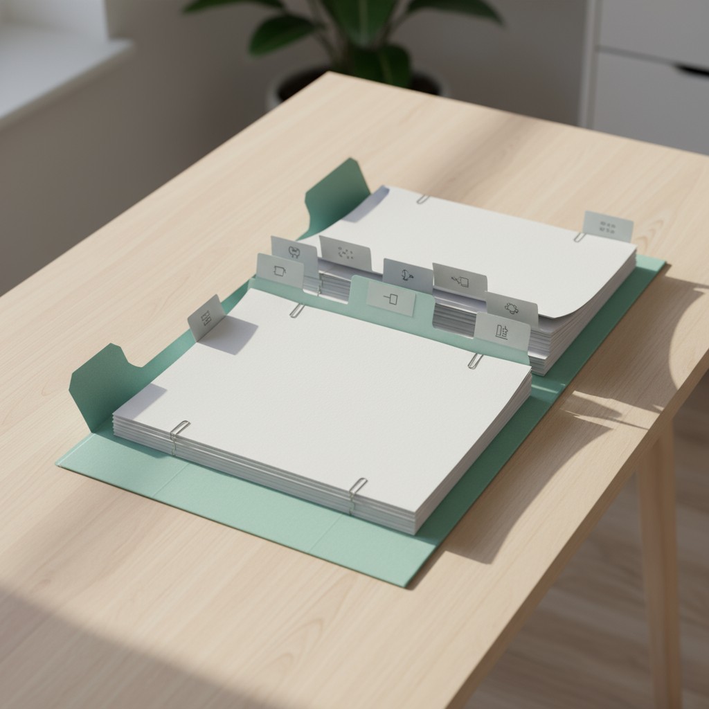 Two white binders with clip folders on a wood desk.