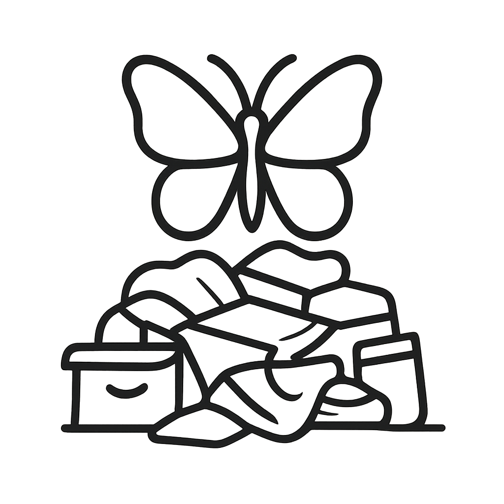 A white outline of a butterfly at the top of a pile of crumpled paper.